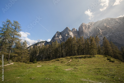 Wonderful late summer and autumn mood on mountain pass. Kranjska Gora, Slovenia, Julian Alps, Soča, Vršič Pass. photo