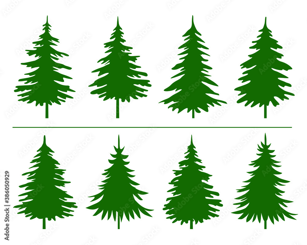 A set of green Christmas Trees. Winter season design elements and simply pictogram collection. Isolated vector Christmas Tree Icon and Illustration.