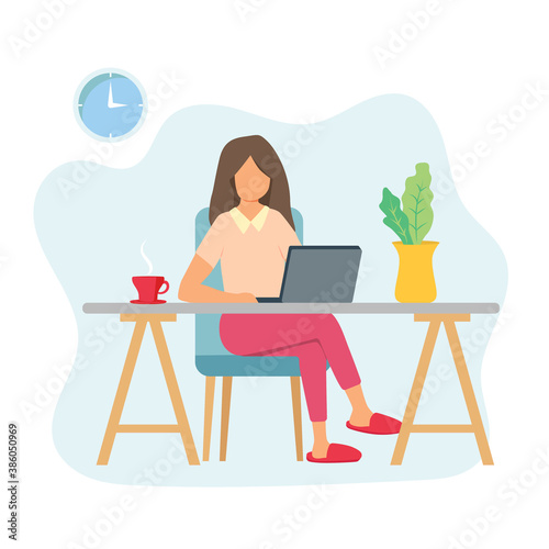 Young woman working at a home office on a computer. Girl typing on a laptop keyboard on a desk with a cup of coffee. Copy space for text or design. Flat vector illustration
