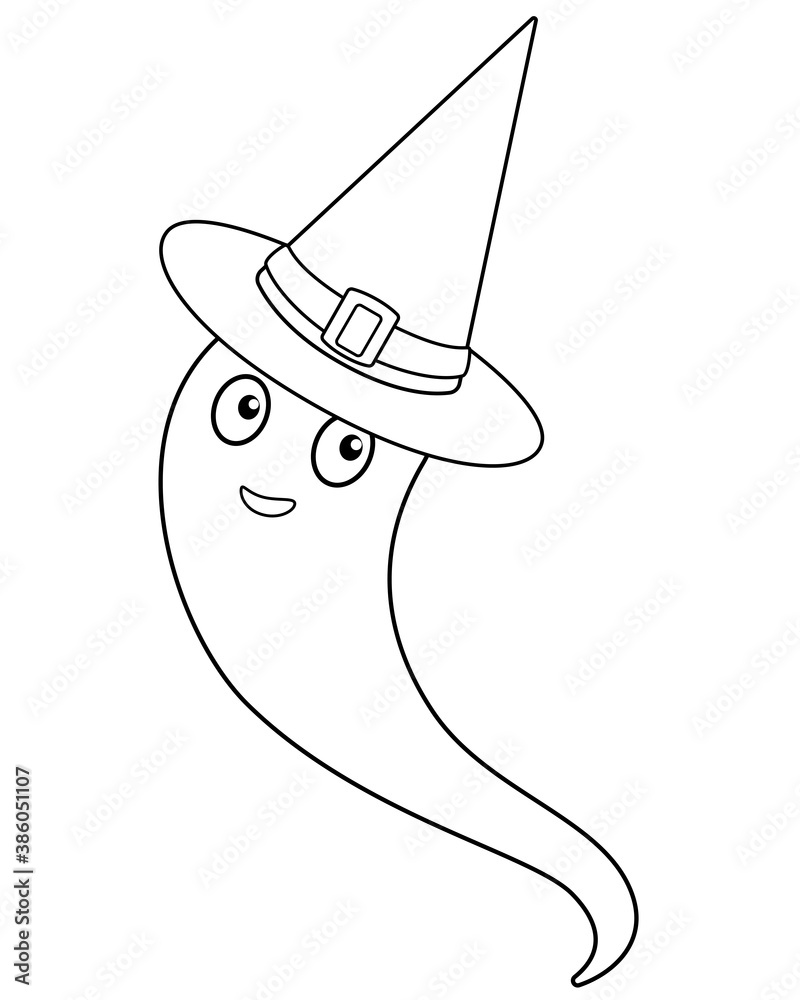 Ghost in a witch's hat - vector linear illustration for coloring ...
