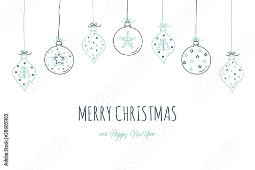 Christmas card with hanging baubles with decorations. Vector