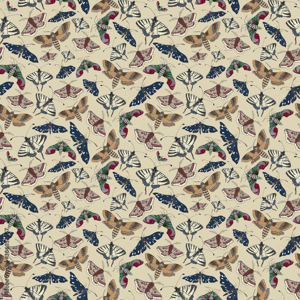 Seamless  yellow pattern with different colored butterflies