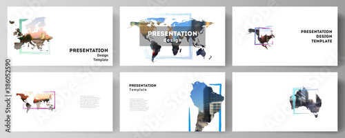 Vector layout of the presentation slides design business templates, multipurpose template for presentation brochure. Design template in the form of world maps and colored frames, insert your photo.