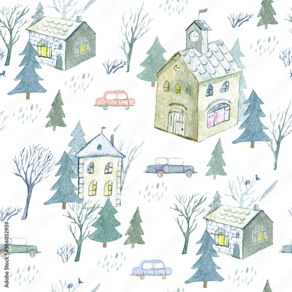 Seamless pattern of a winter town and car. House,park,tree. Watercolor hand drawn illustration.White background.