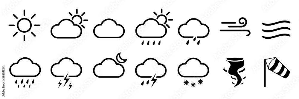 Set of weather line icons. Contains symbols of the sun, clouds, rainbow, snowflakes, wind, moon and so on. Flat weather icons – stock vector - obrazy, fototapety, plakaty 