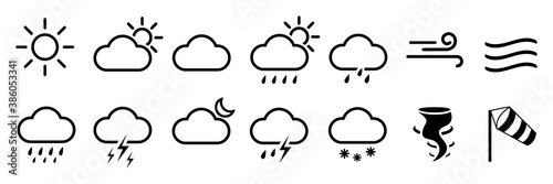 Set of weather line icons. Contains symbols of the sun, clouds, rainbow, snowflakes, wind, moon and so on. Flat weather icons – stock vector