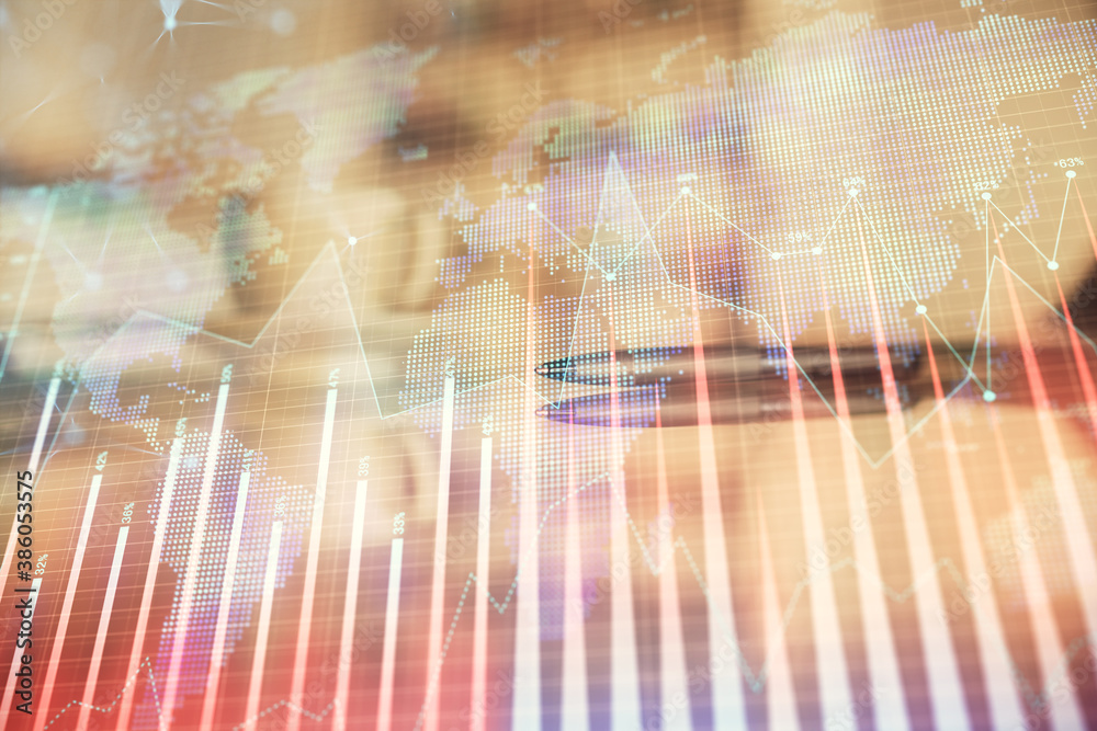 Fototapeta premium Double exposure of forex chart over coffee cup background in office. Concept of financial analysis and success.