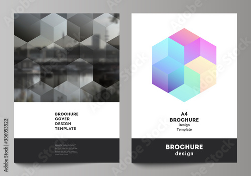 Vector layout of A4 format cover mockups design templates with abstract shapes and colors for brochure, flyer layout, booklet, cover design, book design, brochure cover.