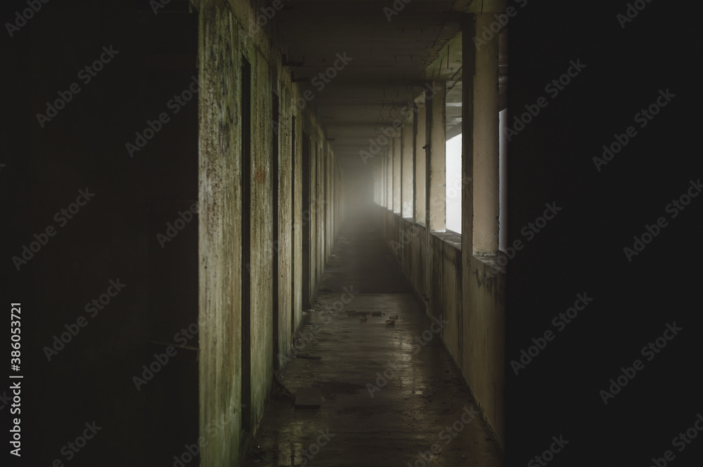 The foggy old corridor of abandoned house. Horror Monte Palace hotel, Azores, Portugal
