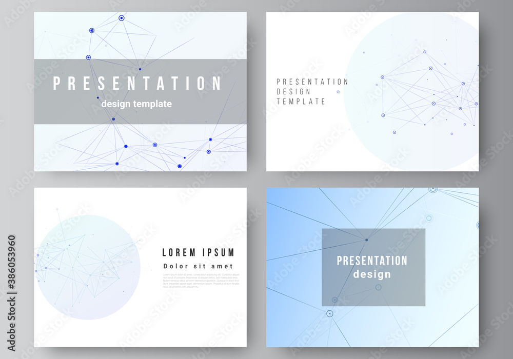 Vector layout of presentation slides design business templates, multipurpose template for presentation brochure, brochure cover, report. Blue medical background with connecting lines and dots, plexus. Vector layout of presentation slides design business templates, multipurpose template for presentation brochure, brochure cover, report. Blue medical background with connecting lines and dots, plexus.