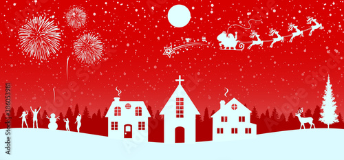 Santa Claus flyin on Christmas sleigh over the housses in the night on red background – stock vector