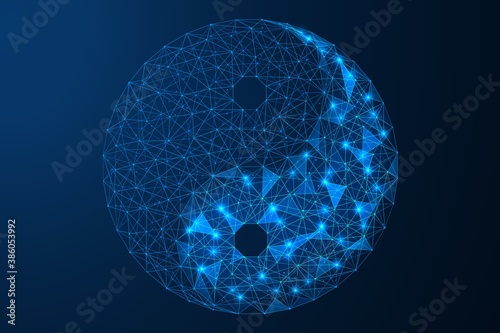 The sign of Yin Yang. Symbol of harmony and balance. Low-poly three-dimensional design of interlocking lines and dots. Blue background.