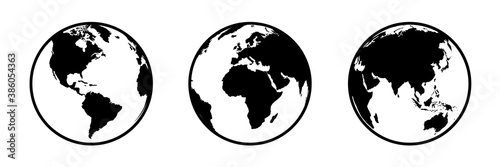 Black globes with continents, view from different positions - stock vector