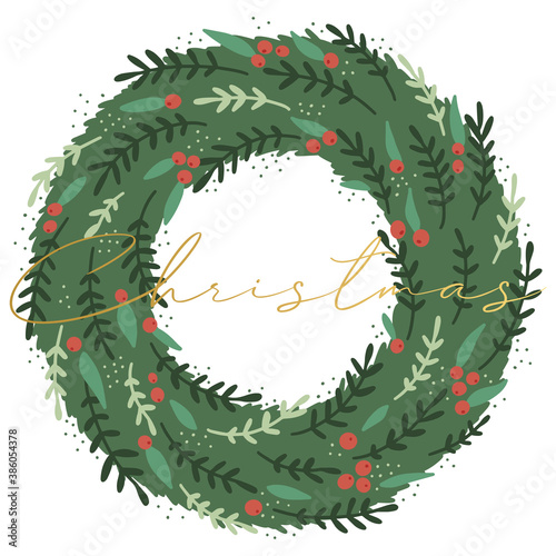 Christmas wreath vector. Square christmas banner, poster, greeting card, label. Illustration of Merry Christmas and Happy New Year with decoration on transparent background. 