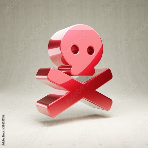 Skull Crossbones icon. Red glossy metallic Skull Crossbones symbol isolated on white concrete background.