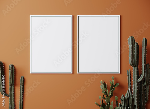 Fototapeta Naklejka Na Ścianę i Meble -  Blank frame on orange wall mock up with cactus, two vertical white poster frame on wall, mock up for picture or photo frame, empty frame on bright wall, 3d render