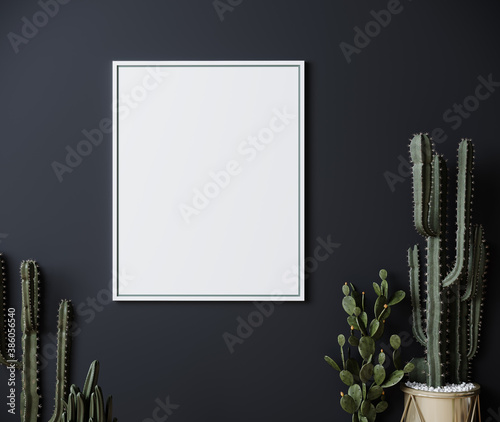 Fototapeta Naklejka Na Ścianę i Meble -  Mockup frame on dark gray wall mock up with cactus, vertical white poster frame on wall, mock up for picture or photo frame, empty frame on bright wall, 3d render