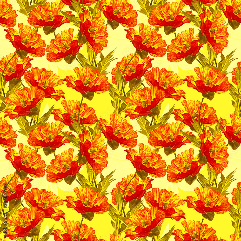 Poppies field with leaves seamless pattern. Poppies field with leaves seamless pattern.