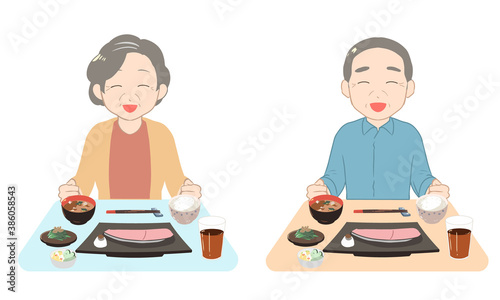 笑顔で食事を行う　シニア(線無し)