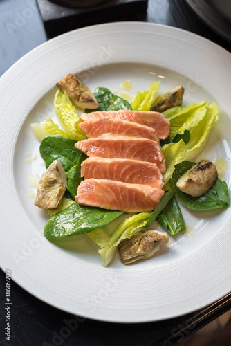 Seared Salmon Slices, Grilled Artichoke and Green Leaf Salad
