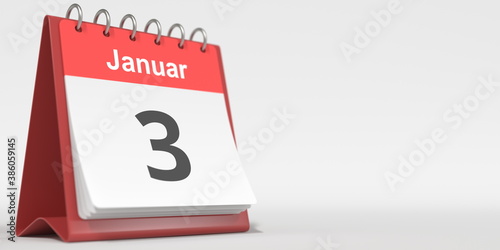 January 3 date written in German on the flip calendar page. 3d rendering