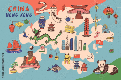 China Hong Kong hand drawn vector map print