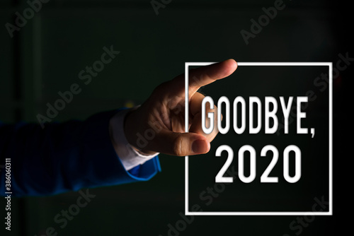 Text sign showing Goodbye 2020. Business photo text New Year Eve Milestone Last Month Celebration Transition digital arrowhead curve rising upward denoting growth development concept photo