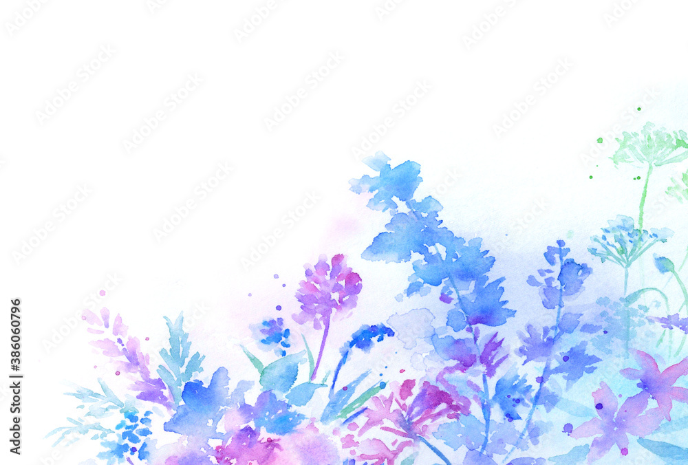 透明水彩で描いた幻想的な花の背景　青紫　はがきサイズ