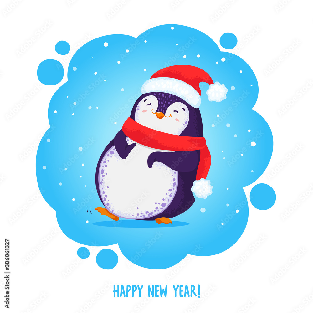 Cute dancing penguin in a santa hat and red scarf. Christmas greeting card. Hand drawn vector illustration with text Happy new year. All elements are isolated. Cute dancing penguin in a santa hat and red scarf. Christmas greeting card. Hand drawn vector illustration with text Happy new year. All elements are isolated.