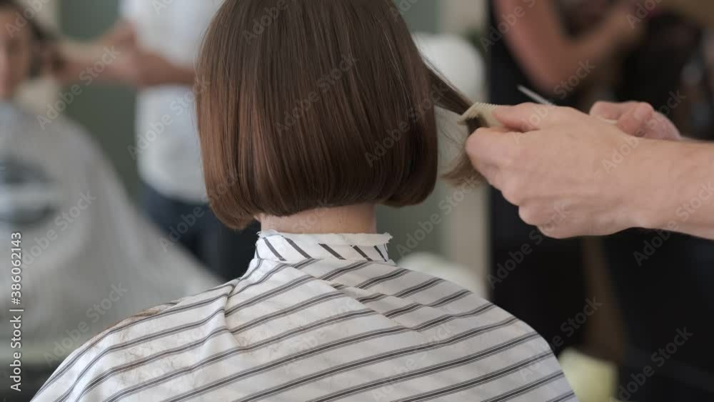 In a beauty salon, a hairdresser-stylist cuts the hair of a girl client. Brown-haired girl sitting in front of the mirror In a beauty salon, a hairdresser-stylist cuts the hair of a girl client. Brown-haired girl sitting in front of the mirror