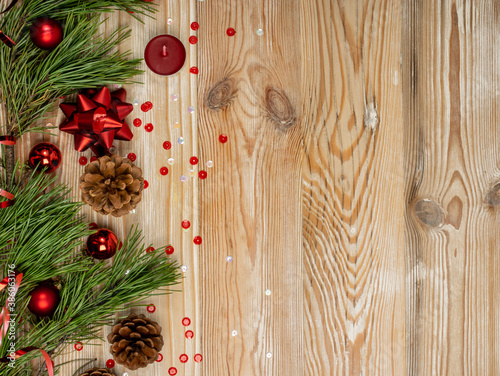 Christmas Decorations Mockup on Wood Table Top View
