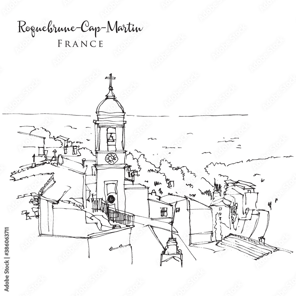 Drawing sketch illustration of Roquebrune Cap Martin