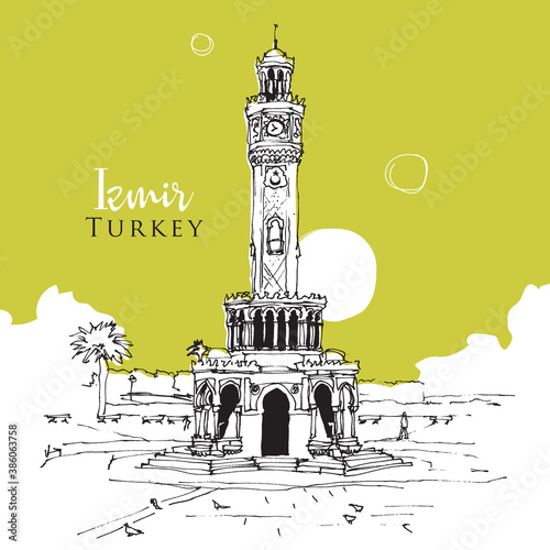 Drawing sketch of the clock tower at Konak Square in Izmir, Turkey