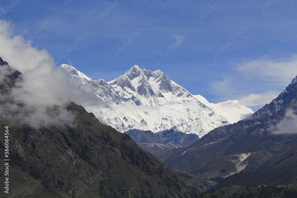 Cloudy Mount Everest and Lhotse as seen from Everest View Point, Namche Bazaar, Sagarmatha Khumbu Region, Nepal Himalaya