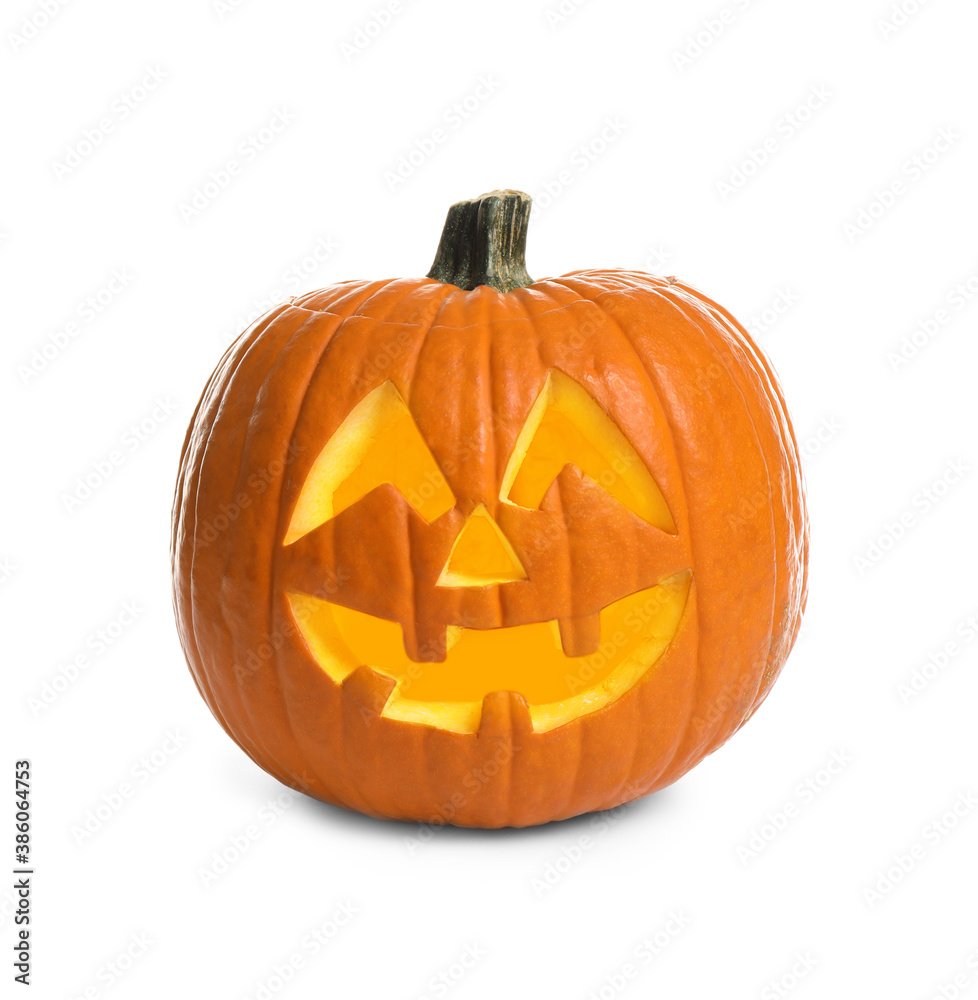 Cute pumpkin jack o'lantern isolated on white. Halloween decor Cute pumpkin jack o'lantern isolated on white. Halloween decor