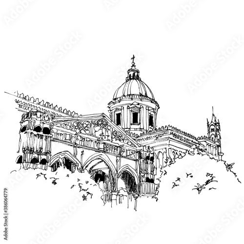 Drawing sketch illustration of Palermo Cathedral, Sicily