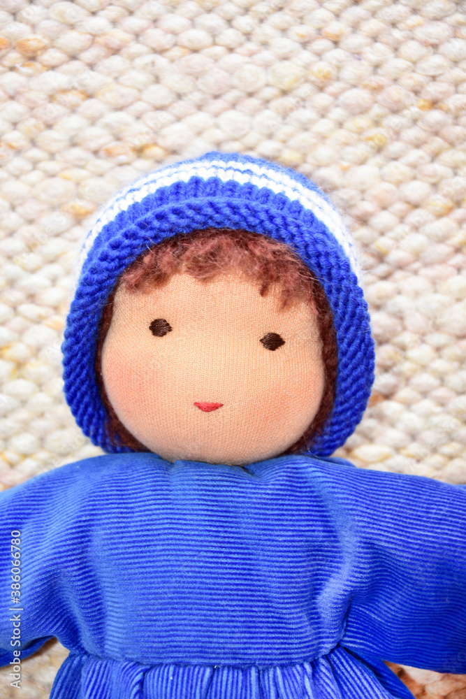 blaue Stoffpuppe mit Mütze , nach Art einer Waldorfpuppe blaue Stoffpuppe mit Mütze , nach Art einer Waldorfpuppe