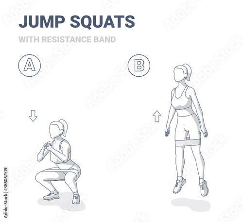 Squat Jumps with Resistance Band Female Home Workout Exercise Guidance.