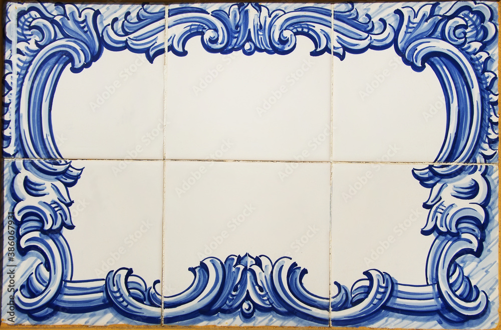 blue tiles of portuguese plaque in wall - obrazy, fototapety, plakaty 