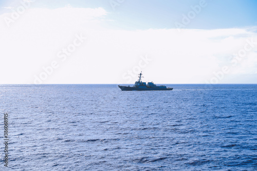 Warship sailing at sea