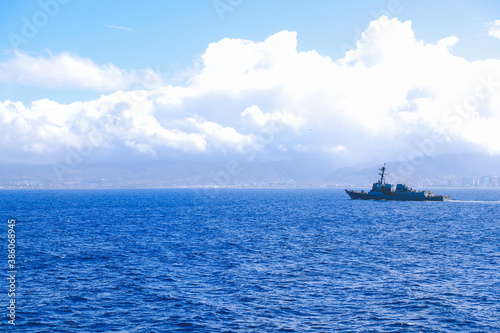 Warship sailing at sea