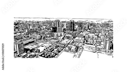 Building view with landmark of Birmingham is a city in the north central region of the U.S. state of Alabama. Hand drawn sketch illustration in vector.