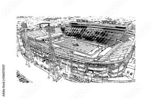 Building view with landmark of Birmingham is a city in the north central region of the U.S. state of Alabama. Hand drawn sketch illustration in vector.