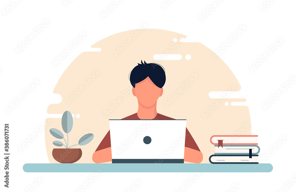 Concept of work and study at home, chat online support remotely from home. Isolated white background. The guy at the computer c. with flowers, books and a lamp. Flat style, pastel colors. Concept of work and study at home, chat online support remotely from home. Isolated white background. The guy at the computer c. with flowers, books and a lamp. Flat style, pastel colors.