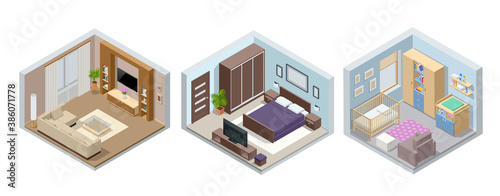 Isometric large luxury modern bright interiors living room, children's room, bedroom. Modern interior of real home isolated on white