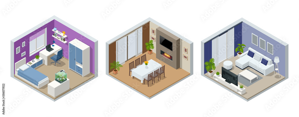 Isometric large luxury modern bright interiors living dining room, teen room, bedroom. Modern interior of real home isolated on white