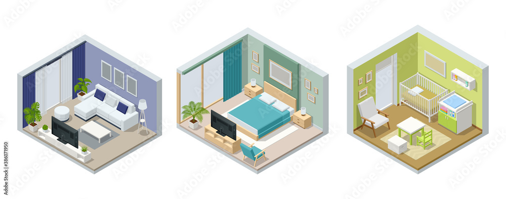 Isometric large luxury modern bright interiors living room, children's room, bedroom. Modern interior of real home isolated on white