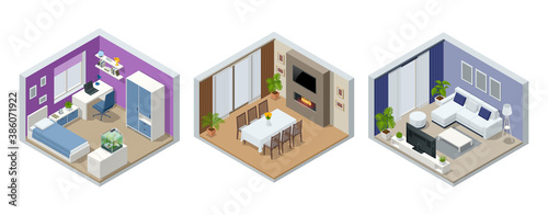 Isometric large luxury modern bright interiors living dining room, teen room, bedroom. Modern interior of real home isolated on white
