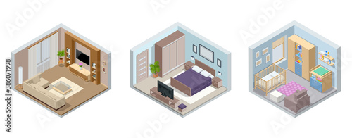 Isometric large luxury modern bright interiors living room, children's room, bedroom. Modern interior of real home isolated on white