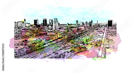 Building view with landmark of Birmingham is a city in the north central region of the U.S. state of Alabama. Watercolor splash with hand drawn sketch illustration in vector.